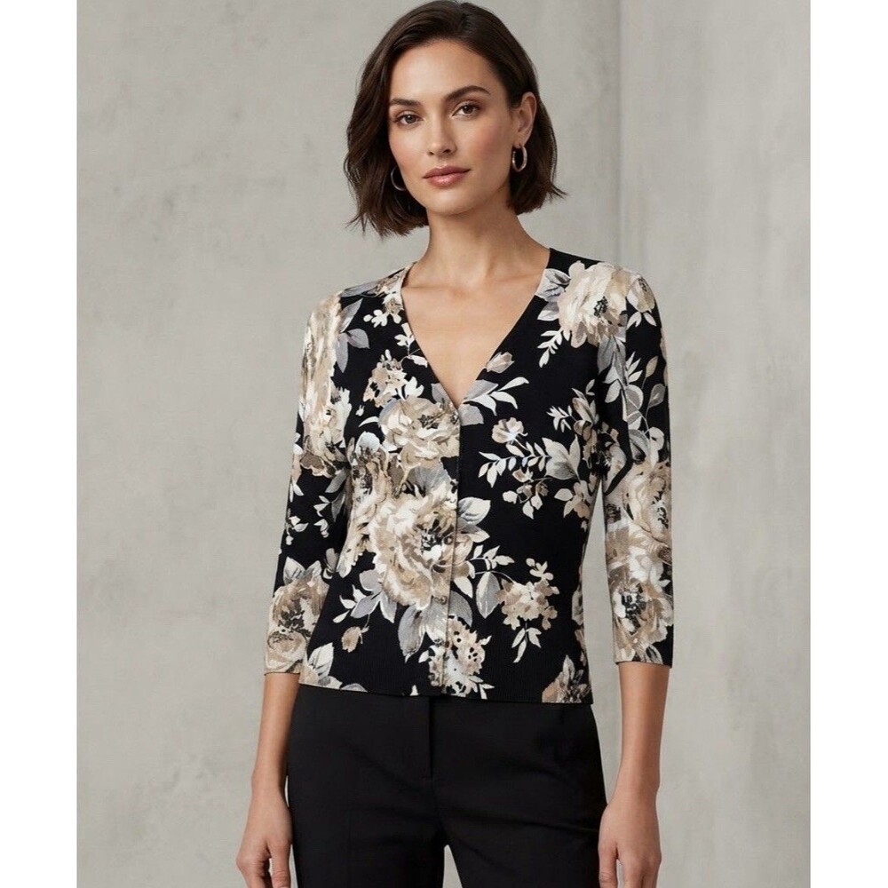 White House Black Market Black &Beige Floral Lightweight Cardigan Women’s Size M